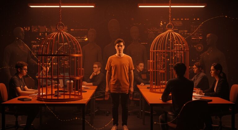 Estudiantes emprendedores de Stanford frente a una representación visual de la cultura tóxica en startups de Silicon Valley y la influencia de venture capital.