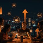 Fundadores de startups latinos colaborando en Medellín con representaciones visuales de inversión y red de fondos de capital de riesgo.