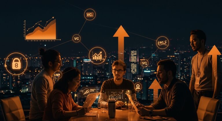 Fundadores de startups latinos colaborando en Medellín con representaciones visuales de inversión y red de fondos de capital de riesgo.