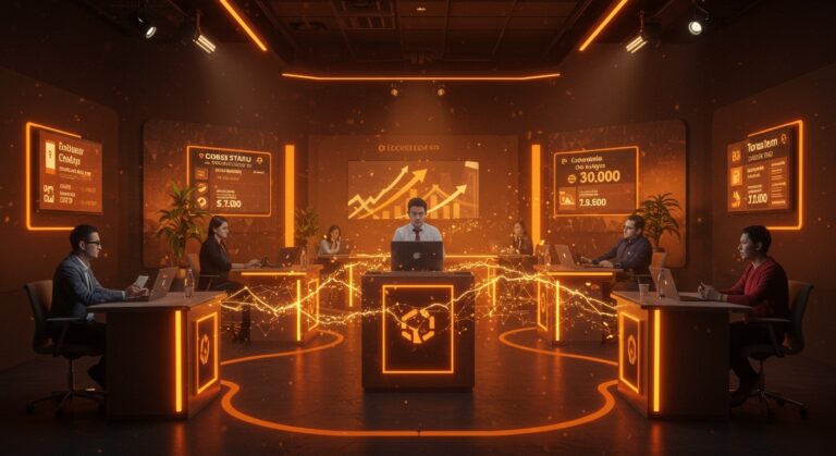 Subasta de startups en Medellín 2026 con emprendedores e inversionistas conectados en un entorno tecnológico representando fintech, SaaS, y healthtech en Latinoamérica.