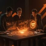 Grupo de emprendedores colaborando en Startup Battlefield 2026 con símbolos de crecimiento y fundraising en un entorno tecnológico avanzado.