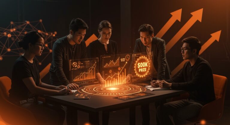 Grupo de emprendedores colaborando en Startup Battlefield 2026 con símbolos de crecimiento y fundraising en un entorno tecnológico avanzado.