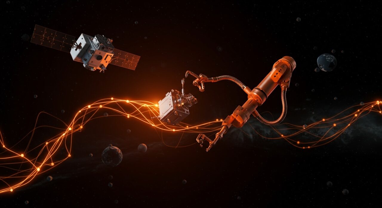 Brazo robótico flexible en órbita espacial operando en reparaciones satelitales, innovación tecnológica de startup china en robótica espacial.
