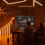 Emprendedores jaliscienses celebrando venta de startup fintech a fondo de Silicon Valley con elementos visuales de inteligencia artificial y escalabilidad.