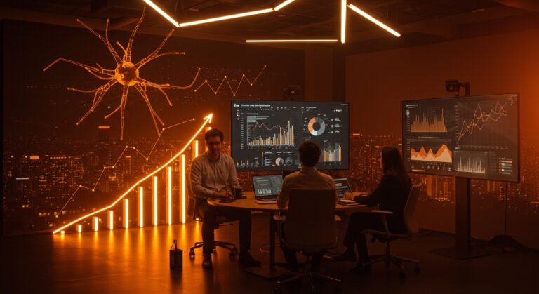 Emprendedores jaliscienses celebrando venta de startup fintech a fondo de Silicon Valley con elementos visuales de inteligencia artificial y escalabilidad.