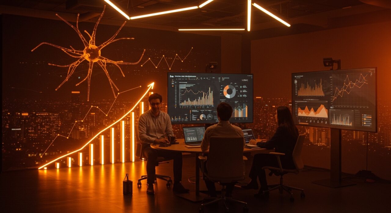 Emprendedores jaliscienses celebrando venta de startup fintech a fondo de Silicon Valley con elementos visuales de inteligencia artificial y escalabilidad.