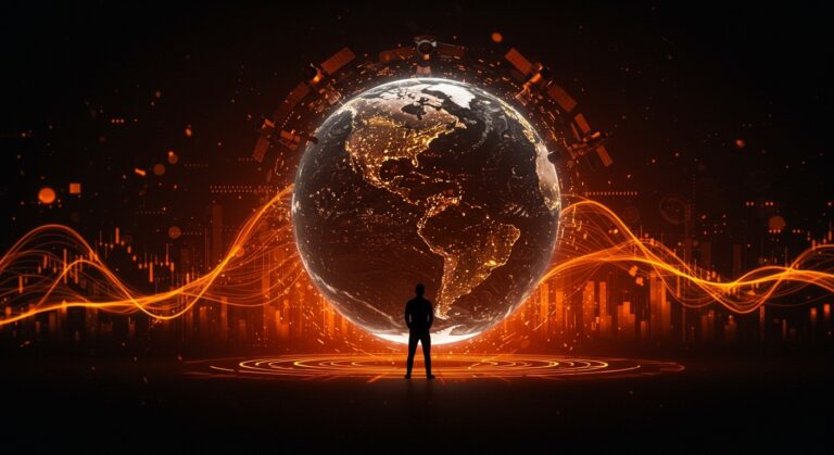 Líder startup de inteligencia espacial BlackSky frente a un globo digital satelital simbolizando riesgos financieros y oportunidades tecnológicas.