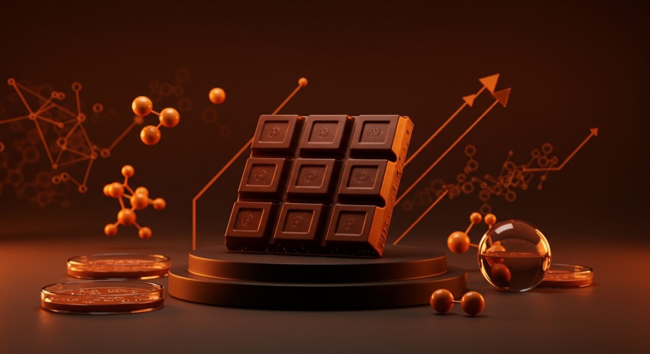 Barra de chocolate cultivada en laboratorio destacada en entorno de biotecnología y foodtech, innovaciones para startups hispanas.