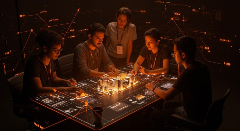 Fundadores de startups PropTech colaborando en tecnología inmobiliaria con redes digitales y flujo de inversión en Latinoamérica.