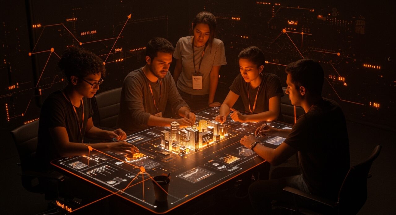 Fundadores de startups PropTech colaborando en tecnología inmobiliaria con redes digitales y flujo de inversión en Latinoamérica.