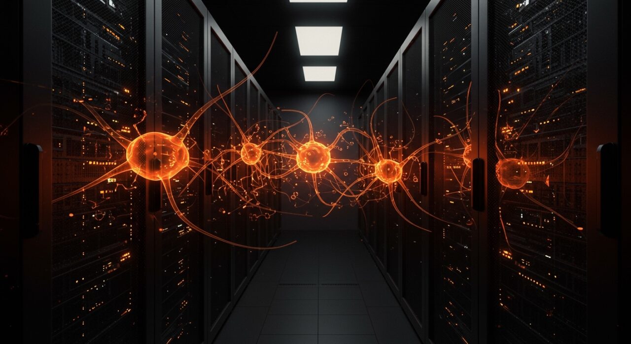 Centro de datos híbrido con neuronas humanas integradas para computación biológica y IA eficiente en startup tecnológica.