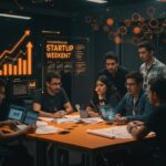 Grupo de emprendedores colaborando en Startup Weekend Mérida 2026 con elementos visuales de IA y ecosistema startup México.