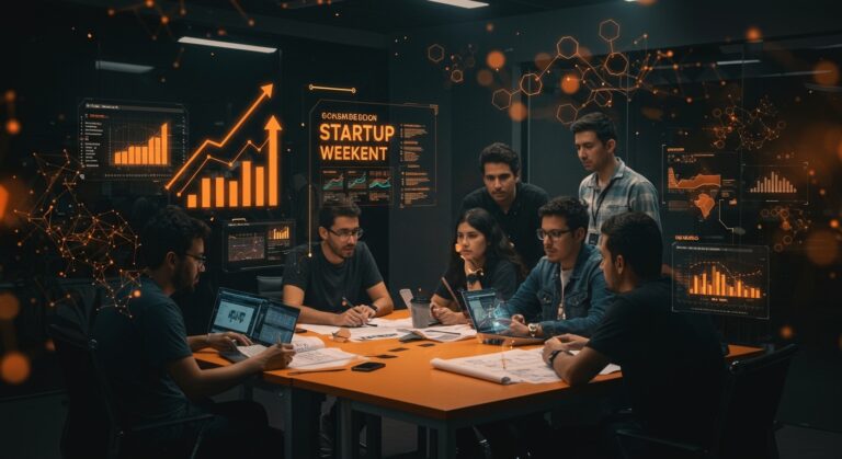 Grupo de emprendedores colaborando en Startup Weekend Mérida 2026 con elementos visuales de IA y ecosistema startup México.