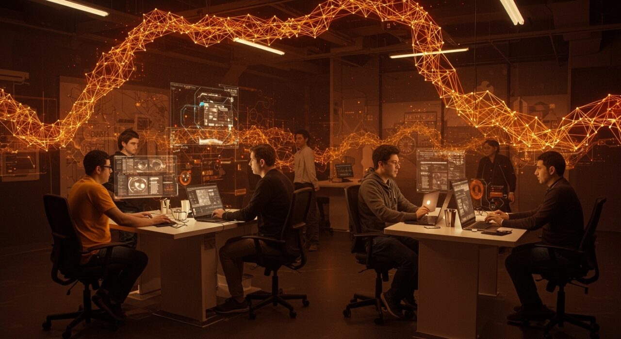 Fundadores de startups deep tech colaborando en un hub tecnológico innovador en Chile, impulsando la innovación científica y el ecosistema startup.