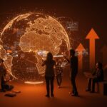 Fundadores de startups brasileñas colaborando con visualizaciones digitales que representan la internacionalización y expansión global en el ecosistema tecnológico.