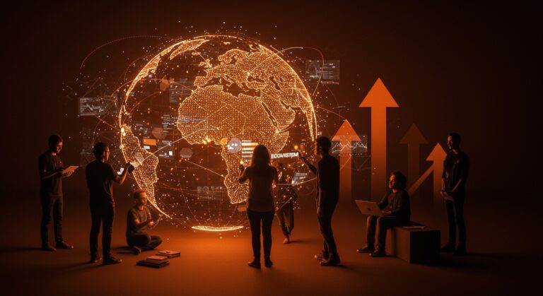 Fundadores de startups brasileñas colaborando con visualizaciones digitales que representan la internacionalización y expansión global en el ecosistema tecnológico.