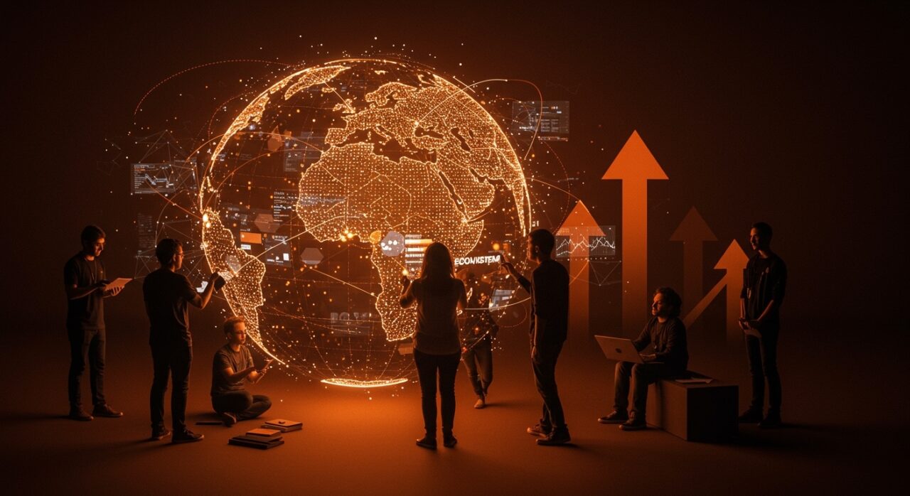 Fundadores de startups brasileñas colaborando con visualizaciones digitales que representan la internacionalización y expansión global en el ecosistema tecnológico.