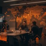 Fundadores de startups brasileñas colaborando en Silicon Valley con proyecciones digitales representando capital de riesgo y expansión internacional en Latinoamérica.