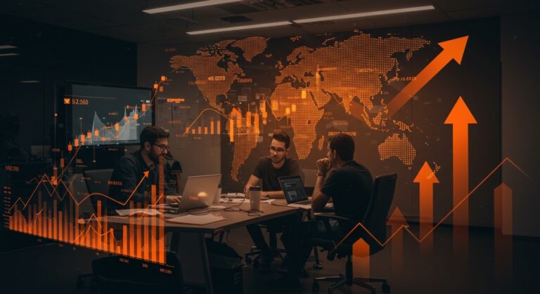 Fundadores de startups brasileñas colaborando en Silicon Valley con proyecciones digitales representando capital de riesgo y expansión internacional en Latinoamérica.