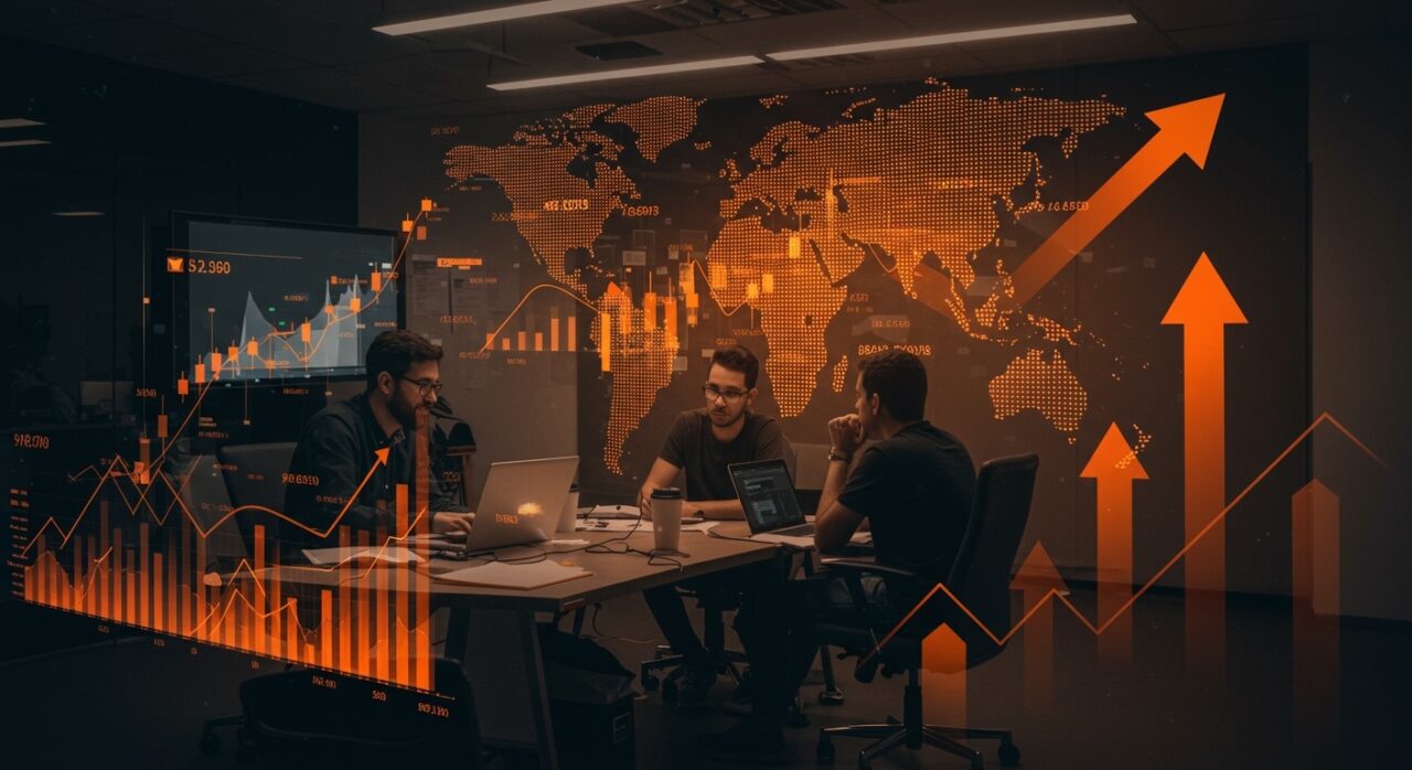 Fundadores de startups brasileñas colaborando en Silicon Valley con proyecciones digitales representando capital de riesgo y expansión internacional en Latinoamérica.