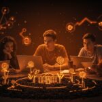 Jóvenes emprendedores colaborando en un aula tecnológica impulsando startups juveniles y programas de incubadoras universitarias en España.