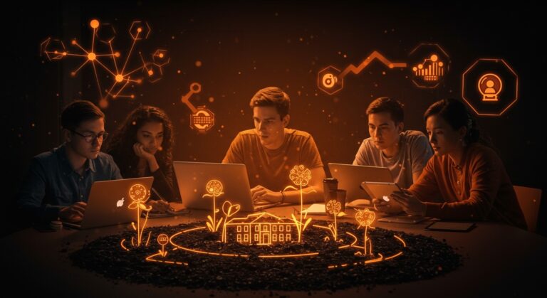 Jóvenes emprendedores colaborando en un aula tecnológica impulsando startups juveniles y programas de incubadoras universitarias en España.