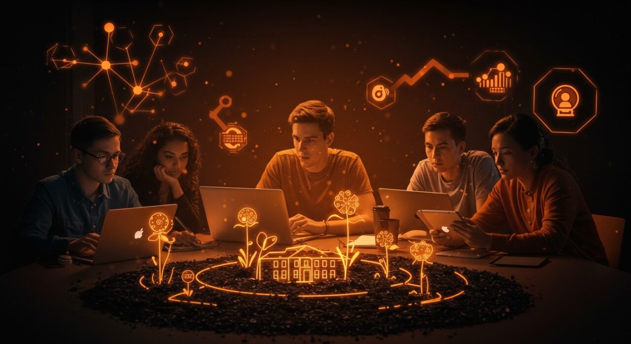 Jóvenes emprendedores colaborando en un aula tecnológica impulsando startups juveniles y programas de incubadoras universitarias en España.