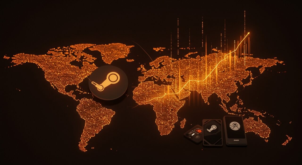 Crecimiento de Steam en Linux superando 5% de marketshare, con enfoque en hardware abierto y Steam OS, visualizando la innovación en el ecosistema startup de gaming.