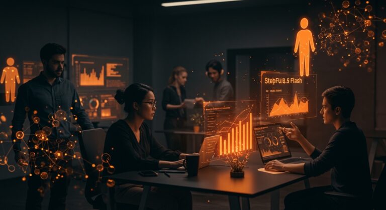 Imagen futurista de equipo startup analizando el ranking costo-eficiente de StepFun 3.5 Flash en IA, destacando innovación tecnológica y eficiencia según OpenClaw 2026.