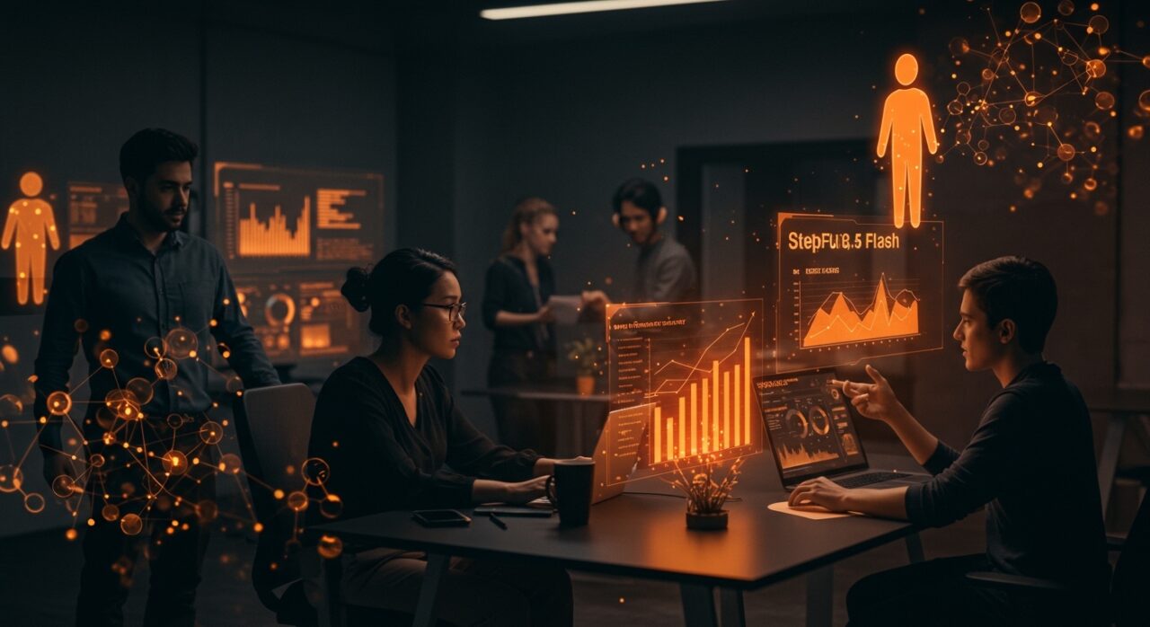 Imagen futurista de equipo startup analizando el ranking costo-eficiente de StepFun 3.5 Flash en IA, destacando innovación tecnológica y eficiencia según OpenClaw 2026.