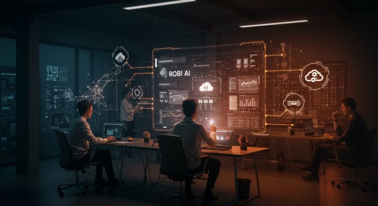 Interfaz holográfica de Robi AI mostrando automatización avanzada en entornos híbridos para startups con inteligencia artificial y orquestación.