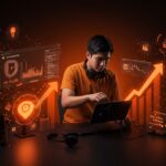 Founder hispano configurando equipo de streaming y mostrando crecimiento y monetización en plataformas Twitch y Kick para streaming en directo 2026.