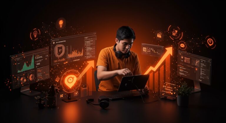 Founder hispano configurando equipo de streaming y mostrando crecimiento y monetización en plataformas Twitch y Kick para streaming en directo 2026.