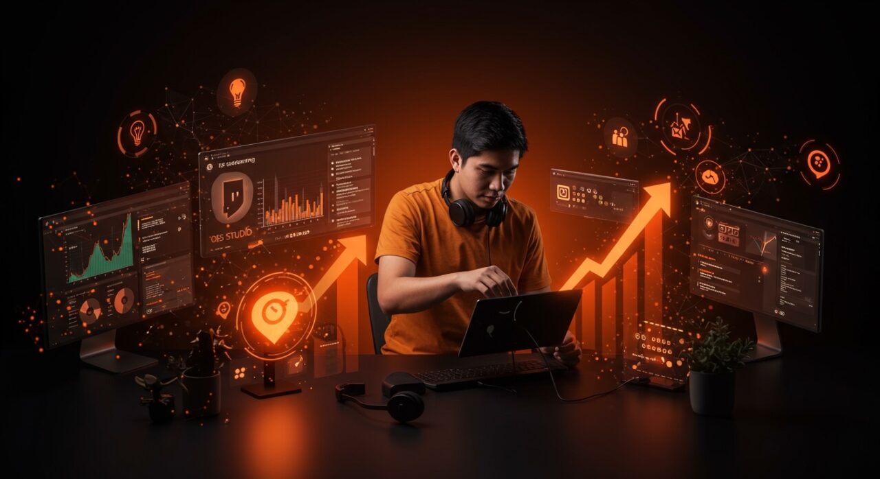 Founder hispano configurando equipo de streaming y mostrando crecimiento y monetización en plataformas Twitch y Kick para streaming en directo 2026.