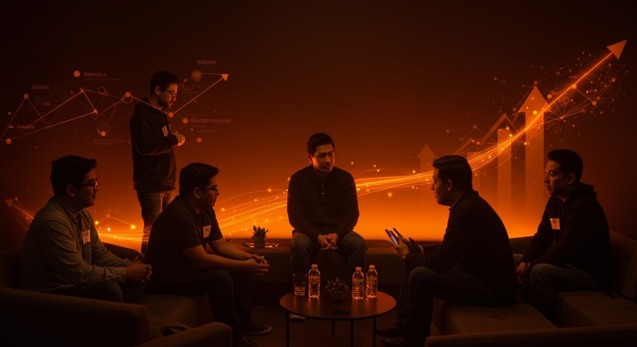 Founders hispanos conectando con venture capitalists en evento StrictlyVC San Francisco 2026 para fundraising y networking en startups tech.