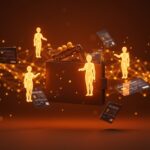 Interfaz futurista de billetera digital con agentes de IA autónomos realizando pagos automatizados con tarjetas virtuales en ecosistema startup.
