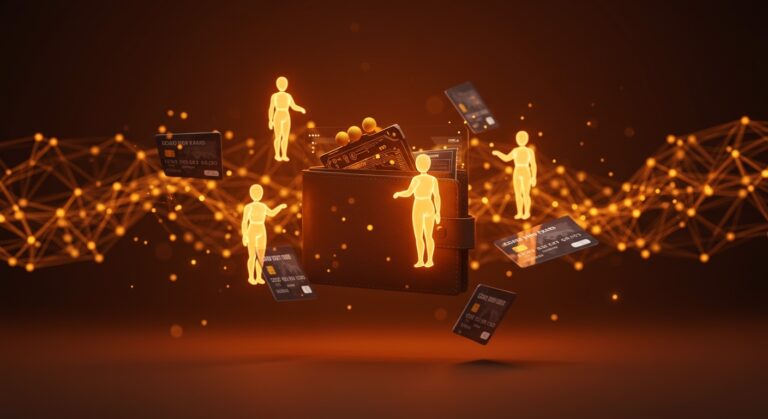 Interfaz futurista de billetera digital con agentes de IA autónomos realizando pagos automatizados con tarjetas virtuales en ecosistema startup.