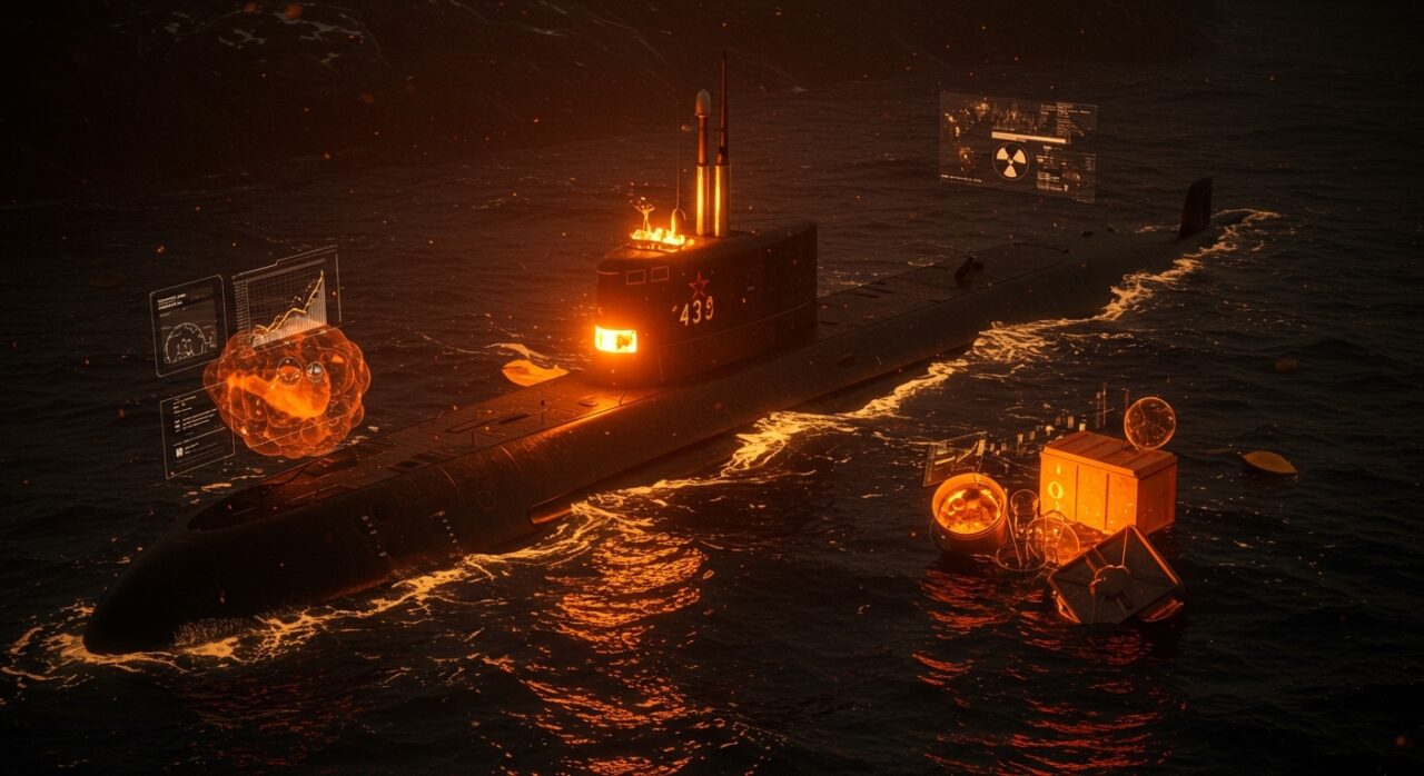 Submarino nuclear soviético Komsomolets en aguas noruegas con aura de radiación y símbolos de gestión innovadora de residuos nucleares en contexto ambiental y tecnológico.