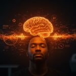 Founder descansando con ondas cerebrales digitales, ilustrando el sueño saludable y su impacto en el aprendizaje y productividad en startups.