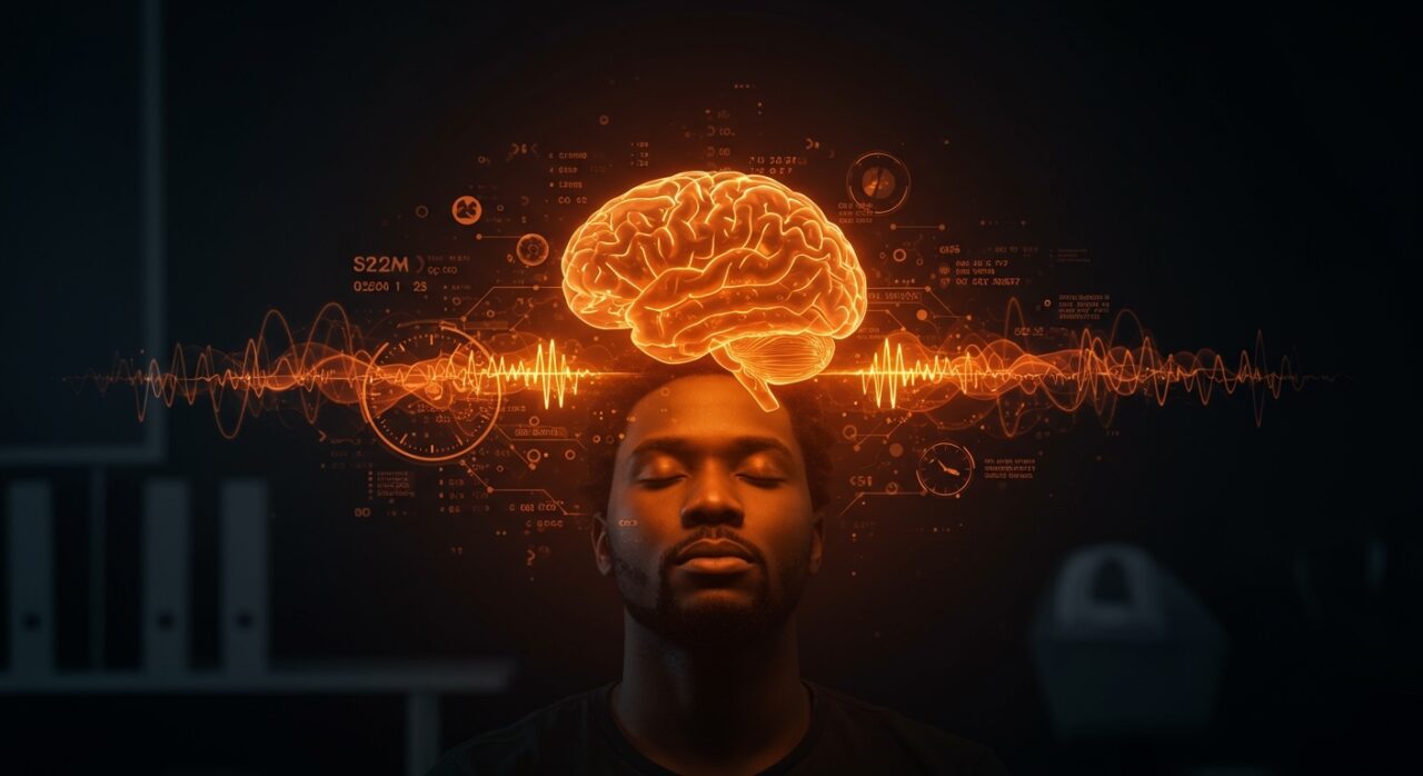 Founder descansando con ondas cerebrales digitales, ilustrando el sueño saludable y su impacto en el aprendizaje y productividad en startups.