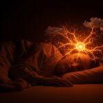 Ilustración conceptual sobre sueño profundo y sueños vívidos mostrando redes neuronales en tonos naranja y negro, en contexto de neurociencia y descanso.