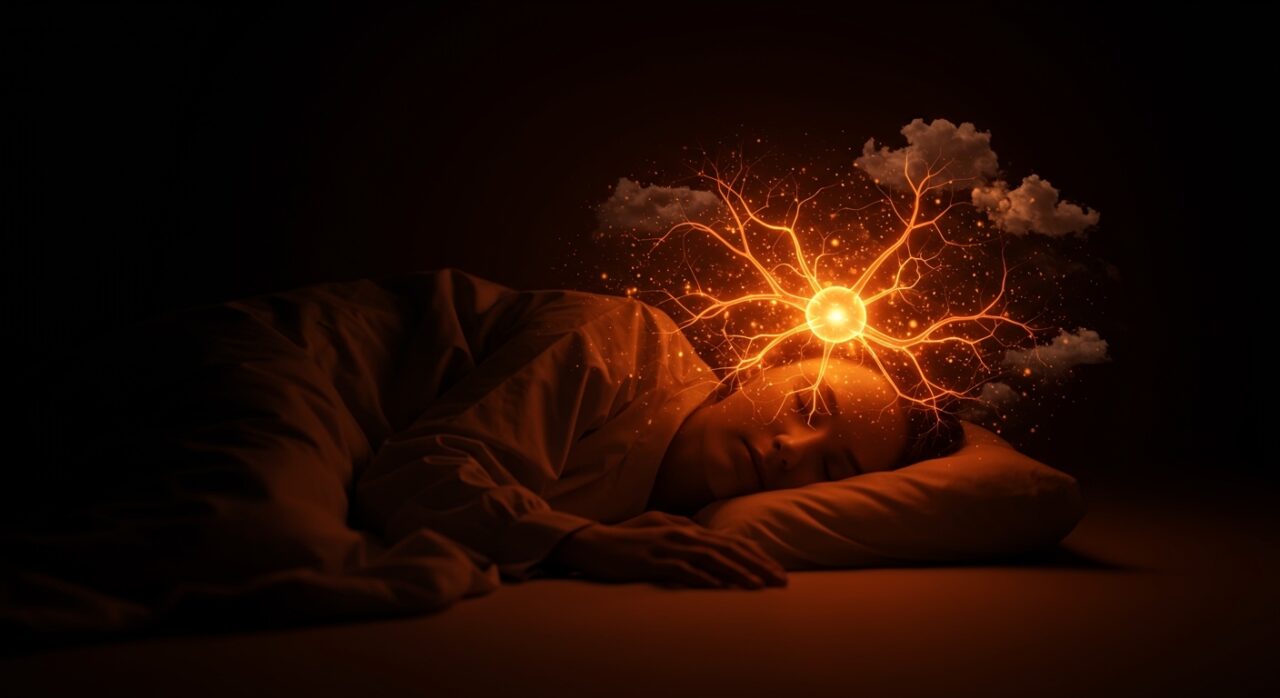 Ilustración conceptual sobre sueño profundo y sueños vívidos mostrando redes neuronales en tonos naranja y negro, en contexto de neurociencia y descanso.