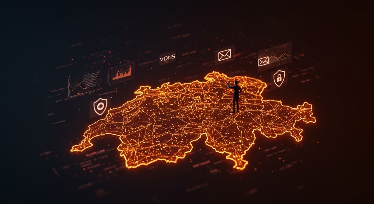 Mapa digital de Suiza con nodos y hologramas representando la soberanía digital y proveedores de email en municipios suizos.