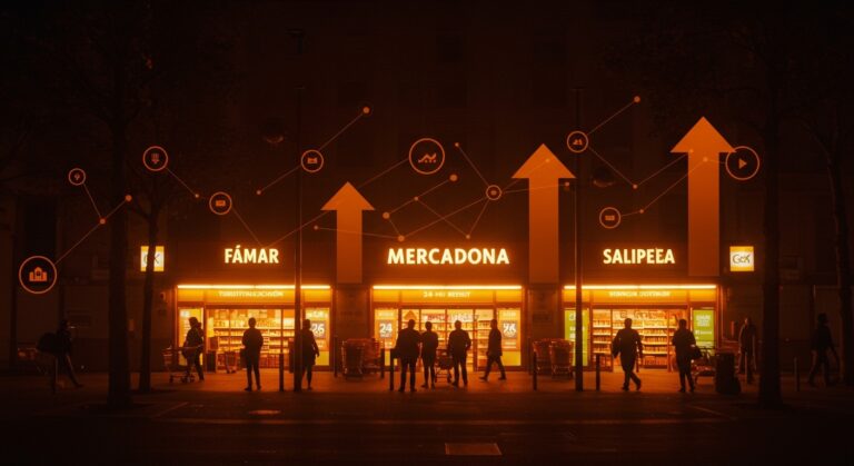Supermercados 24 horas en Barcelona iluminados de noche ilustrando el impacto de la turistificación en el retail y la expansión con tendencias retailtech.