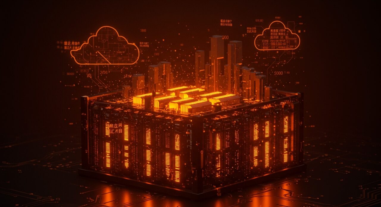 Superordenador exaescala Lingshen de China con CPUs avanzadas en un centro de datos futurista, simbolizando innovación en hardware y computación en la nube.