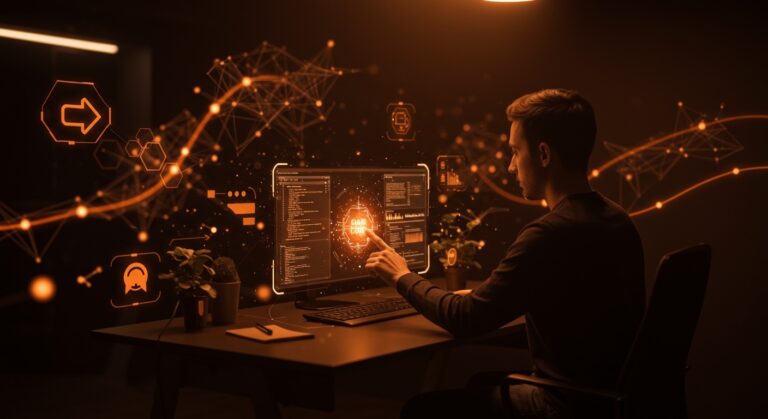 Desarrollador interactuando con interfaz holográfica que muestra IA aplicada y automatización eficaz en el desarrollo de software con Claude Code.