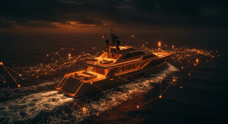 Superyate de lujo en Dubái destacando tecnología e innovación en conectividad móvil en el mercado de lujo.