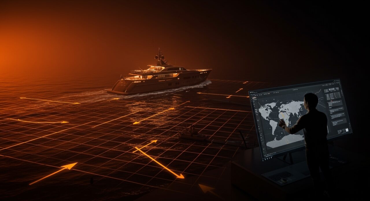 Superyate ruso cruzando el Estrecho de Ormuz simbolizando lecciones en geopolítica y protección de cadenas de suministro para startups globales.