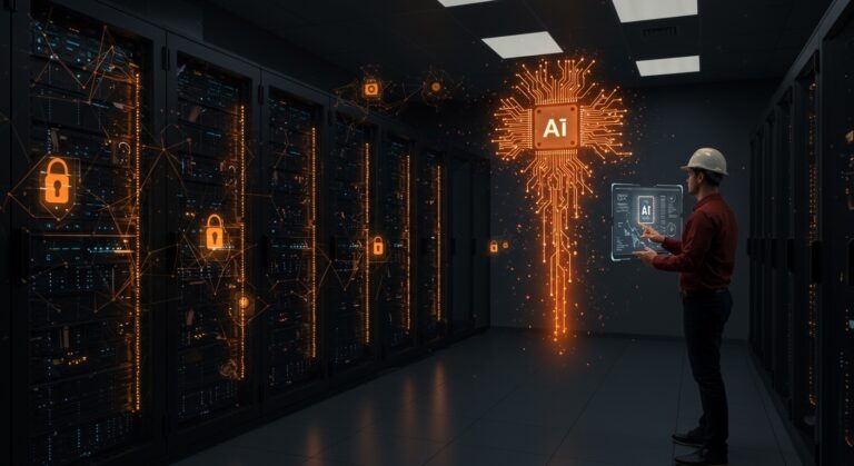 Plataforma SUSE AI Factory para IA empresarial soberana on-premise con cumplimiento EU AI Act y tecnología NVIDIA, en una sala de servidores moderna.