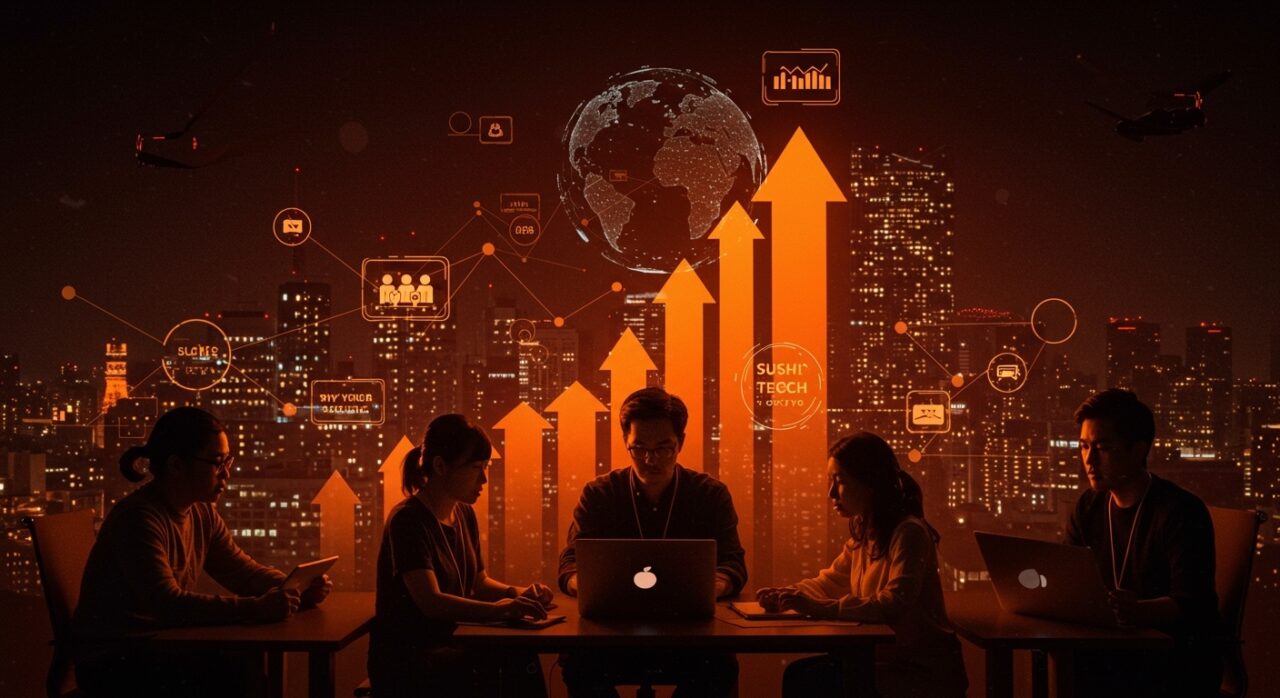 Fundadores colaborando en un hub tecnológico futurista de Tokio, destacando SusHi Tech Tokyo 2026 y oportunidades en el ecosistema startup asiático.